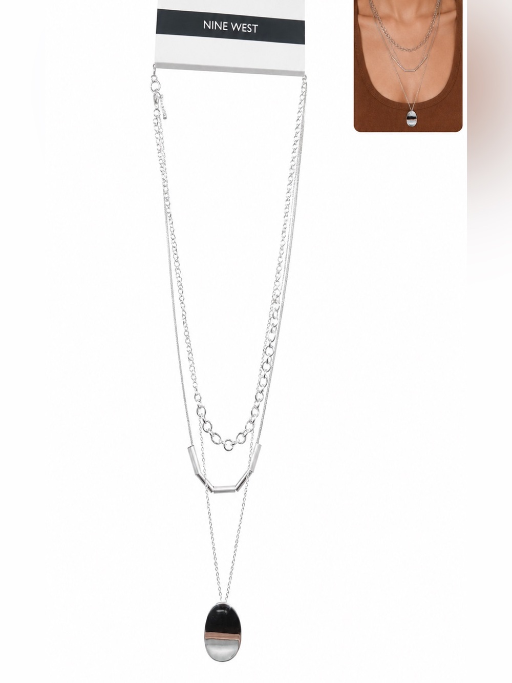 $36 Nine West Silver Multi-Layer Pendant Necklace Silver Accents office preppy